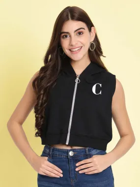 Women Hooded Cotton Crop Bomber Black Jacket