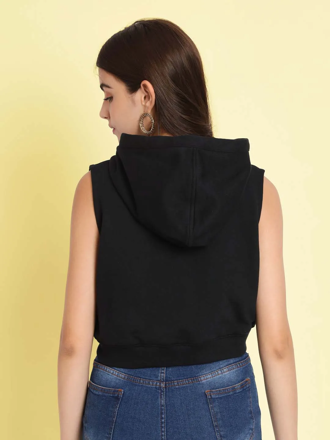 Women Hooded Cotton Crop Bomber Black Jacket