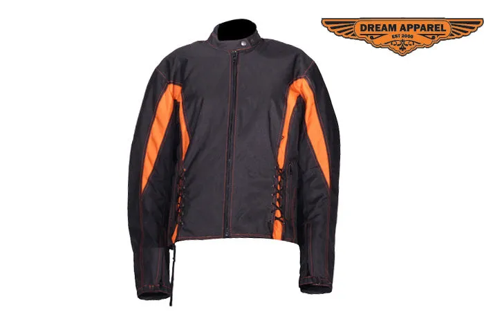 Women's Black & Orange Textile Racer Jacket With Z/o Lining