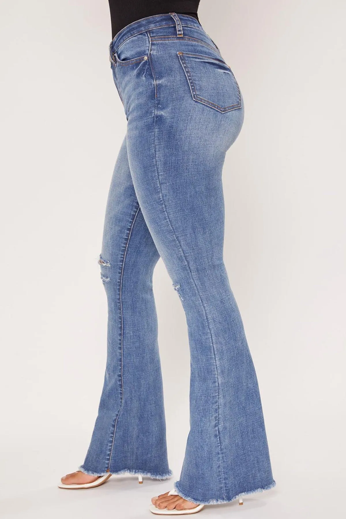 Women's High Rise Flare Jeans With Frayed Hem