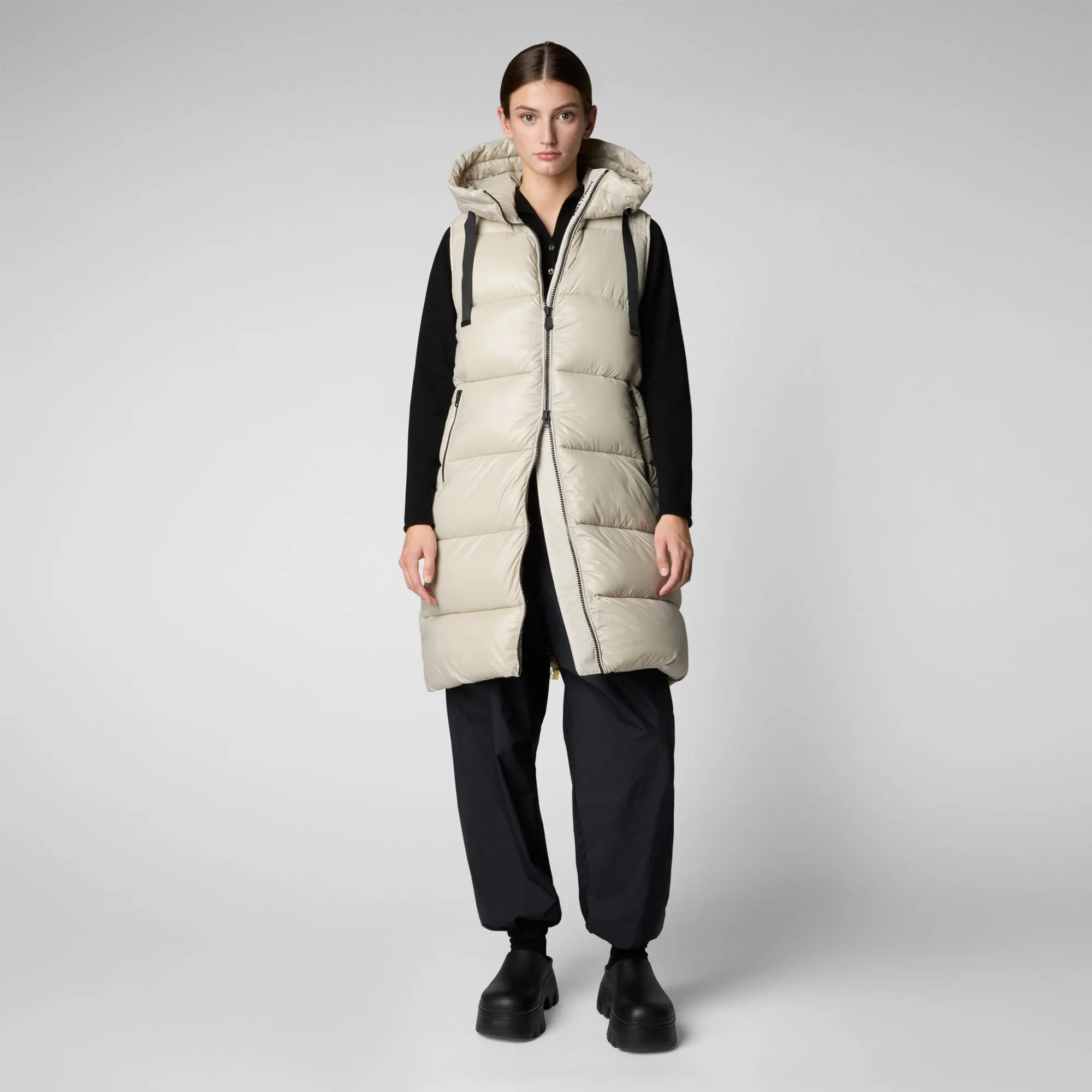 Women's Hooded Animal free Puffer Vest Iria in Rainy Beige