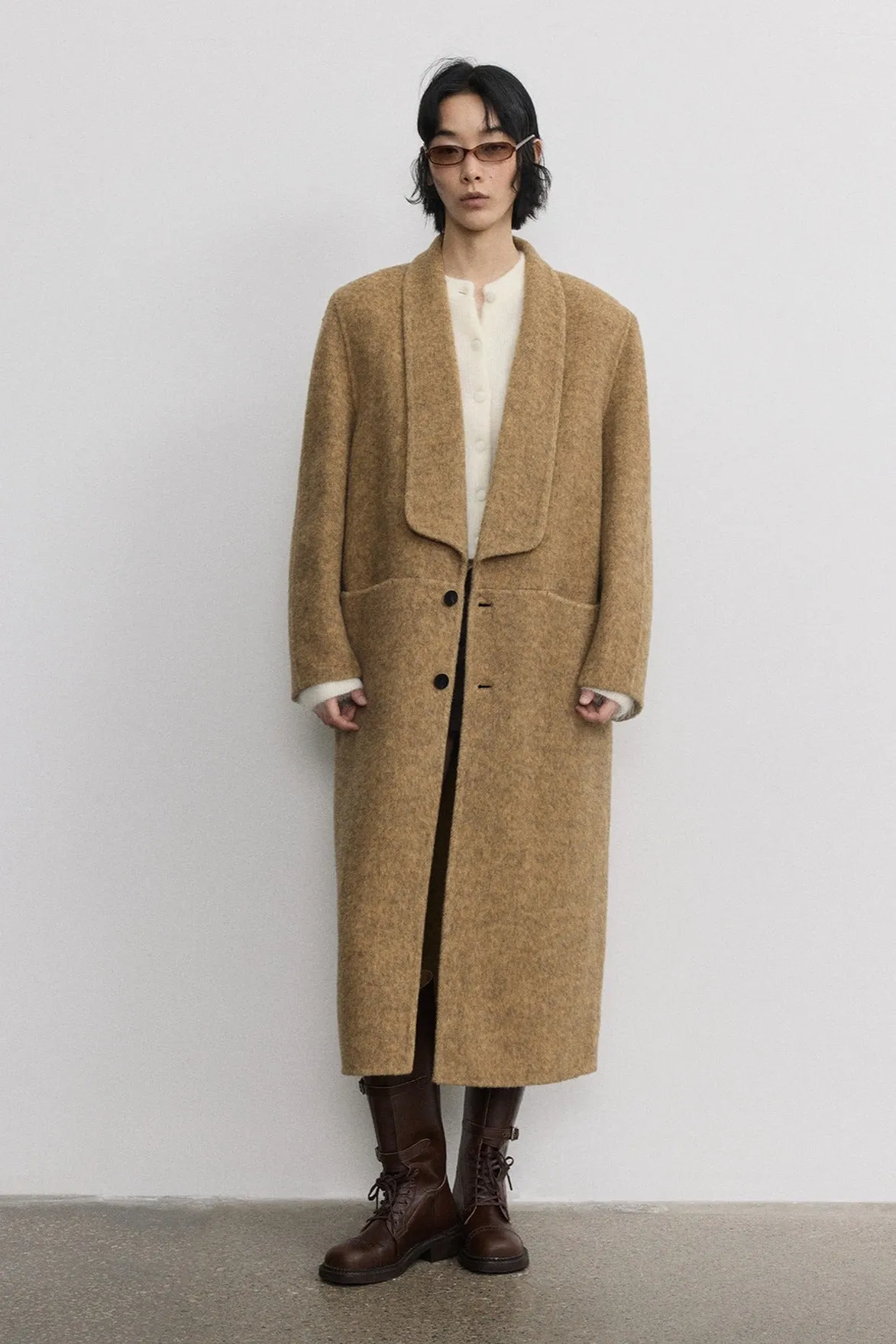 Wool & rabbit fur & silk luxurious narrow collar coat | 4 color